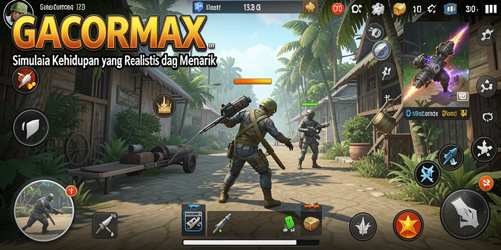 Tampilan gameplay GACORMAX yang menunjukkan karakter dalam berbagai aktivitas.