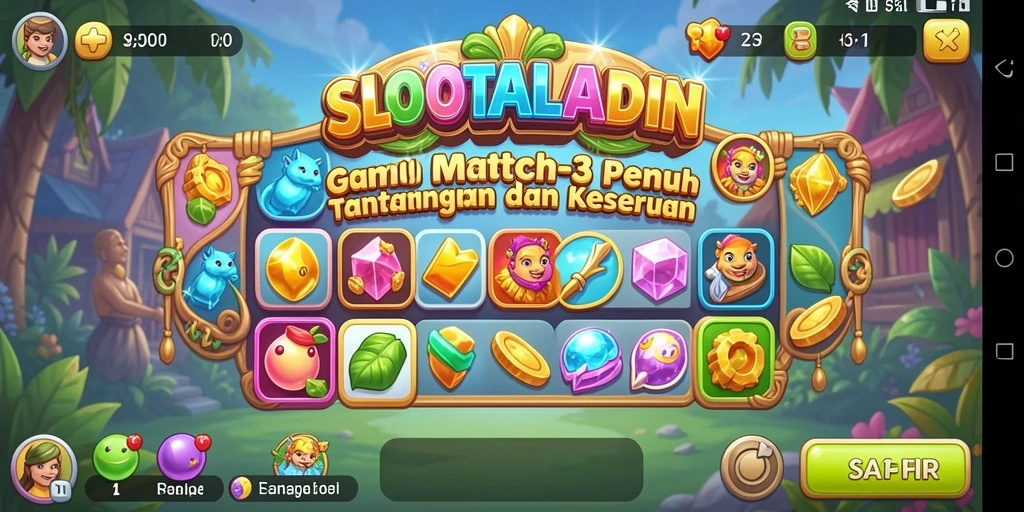 Screenshot utama dari SLOTALADIN yang menunjukkan gameplay Match-3 yang seru.