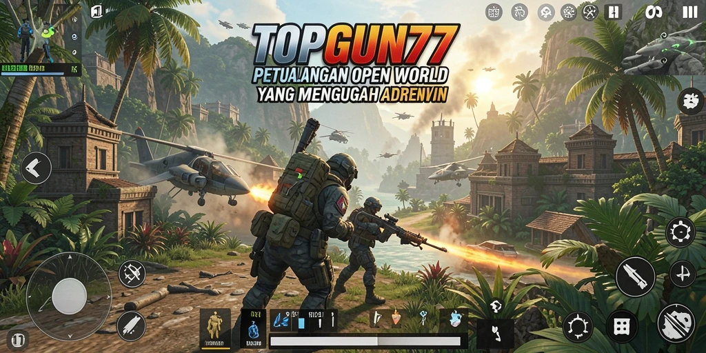 Tangkapan layar gameplay TOPGUN77 yang menunjukkan eksplorasi dunia terbuka.