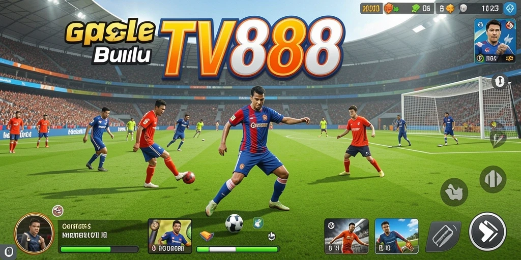 Screenshot gameplay TV888 yang menampilkan aksi seru di lapangan sepak bola.